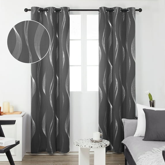 Deconovo Room Darkening Blackout Curtains for Kitchen, Silver Wave Striped Grommet Window Curtains (42 x 45 inch, Dark Gray, 2 Panels)
