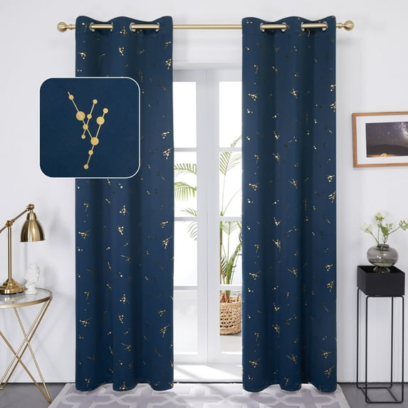 Deconovo Room Darkening Curtains Thermal Blackout Curtains Foil Print Grommet Drapes for Bedroom, 42x54 inch, Navy Blue, 2 Panels