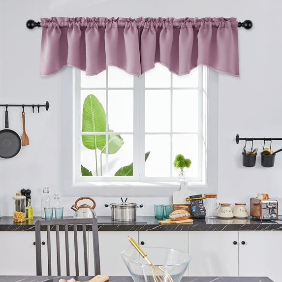 Deconovo Valance Blackout Scalloped Rod Pocket Curtains for Basement Windows, Solid Window Treatment, 42"x18", Light Pink, 4 Panels