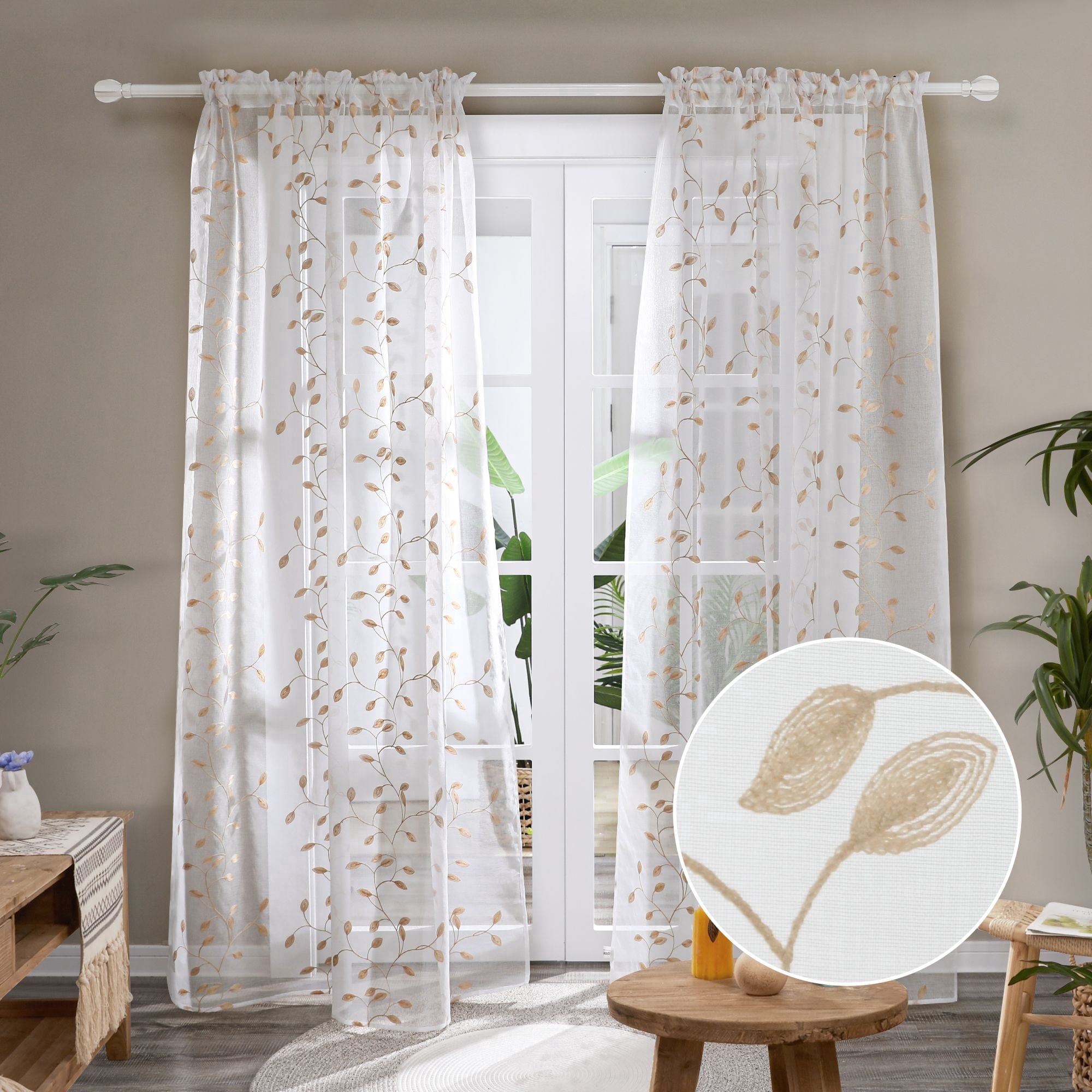 Deconovo Sheer Curtains 84 inches Long, Leaf Pattern Embroidery Floral Curtains for Bedroom Living Room - 2 Panels, Each 52x84 in, Beige