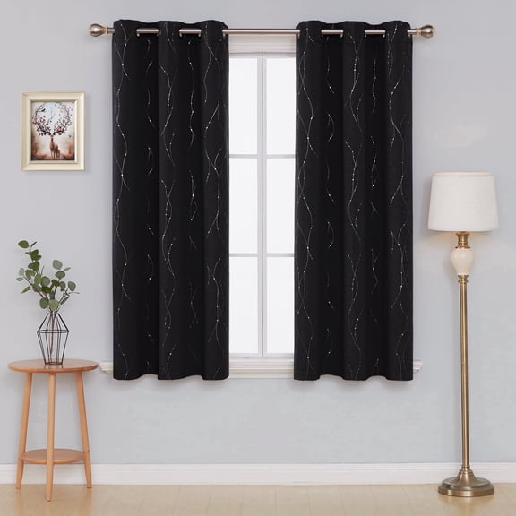 ZOPZO Short Kitchen Curtains Grommet Room Darkening Curtain for Bedroom, Wave Lines with Dots Pattern (Set of 2 Panels, 42" x 45", Black)