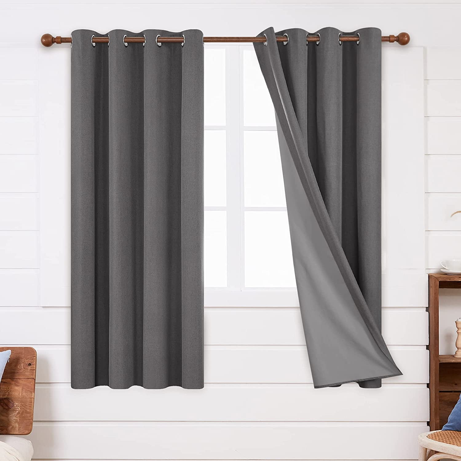 Deconovo Short Kitchen Curtains, Linen Textured 100 Black Out Window Curtains for Bedroom