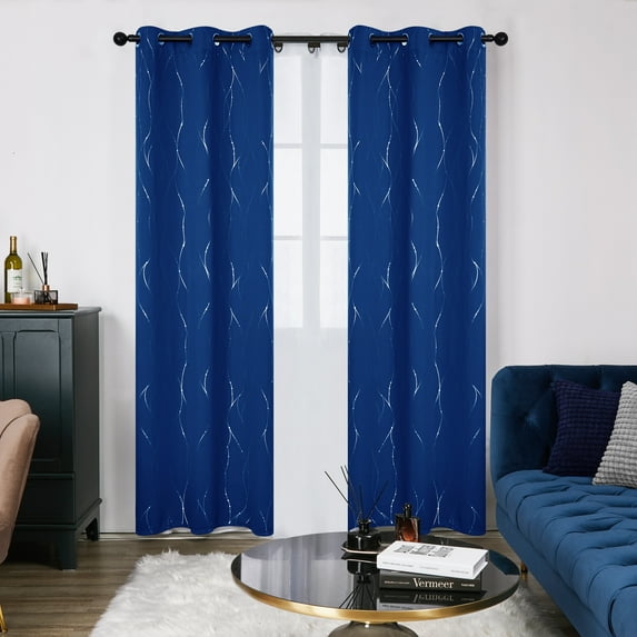 Deconovo Silver Printed Blackout Curtains - 2 Panels, Wave Dots Pattern, Grommet Top, 42"x108", Thermal Insulated Drapes for Bedroom & Living Room, Royal Blue