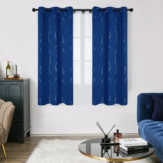Deconovo Silver Printed Blackout Curtains - 2 Panels, Wave Dots Pattern, Grommet Top, 42"x45", Thermal Insulated Drapes for Bedroom & Living Room, Royal Blue