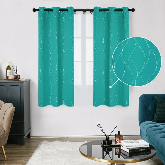 Deconovo Silver Printed Blackout Curtains - 2 Panels, Wave Dots Pattern, Grommet Top, 42"x54", Thermal Insulated Drapes for Bedroom & Living Room, Turquoise