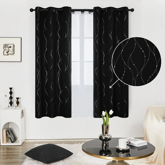Deconovo Silver Printed Blackout Curtains - 2 Panels, Wave Dots Pattern, Grommet Top, 42"x63", Thermal Insulated Drapes for Bedroom & Living Room, Black