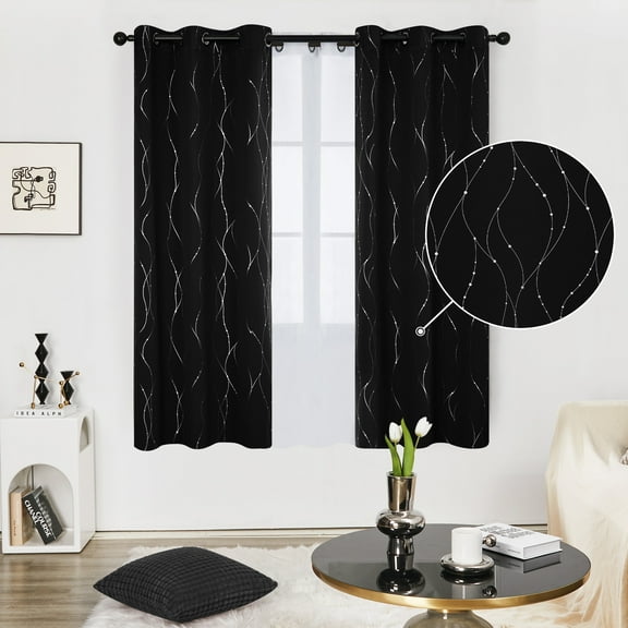 Deconovo Silver Printed Blackout Curtains - 2 Panels, Wave Dots Pattern, Grommet Top, 42"x72", Thermal Insulated Drapes for Bedroom & Living Room, Black