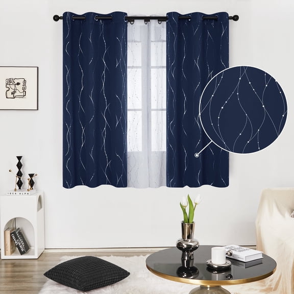 Deconovo Silver Printed Blackout Curtains - 2 Panels, Wave Dots Pattern, Grommet Top, 42"x72", Thermal Insulated Drapes for Bedroom & Living Room, Navy Blue