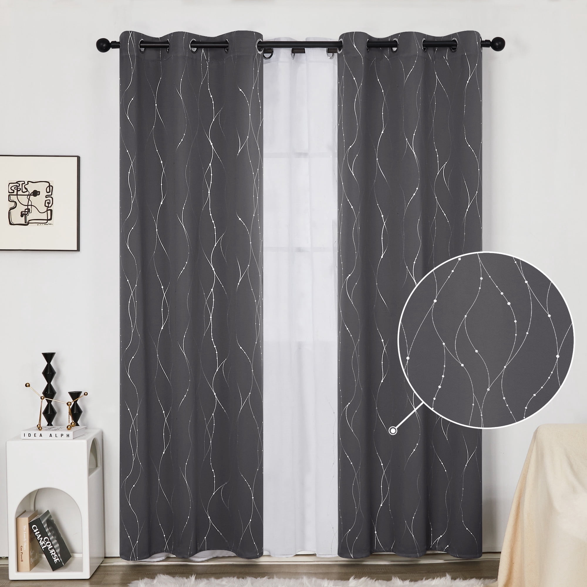 Deconovo Silver Printed Blackout Curtains - 2 Panels, Wave Dots Pattern, Grommet Top, 42"x84", Thermal Insulated Drapes for Bedroom & Living Room, Dark Gray