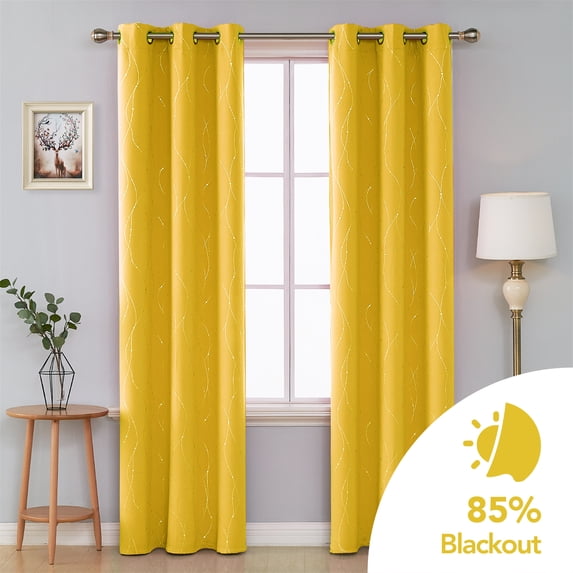 Deconovo Silver Printed Blackout Curtains - 2 Panels, Wave Dots Pattern, Grommet Top, 42"x84", Thermal Insulated Drapes for Bedroom & Living Room, Mellow Yellow