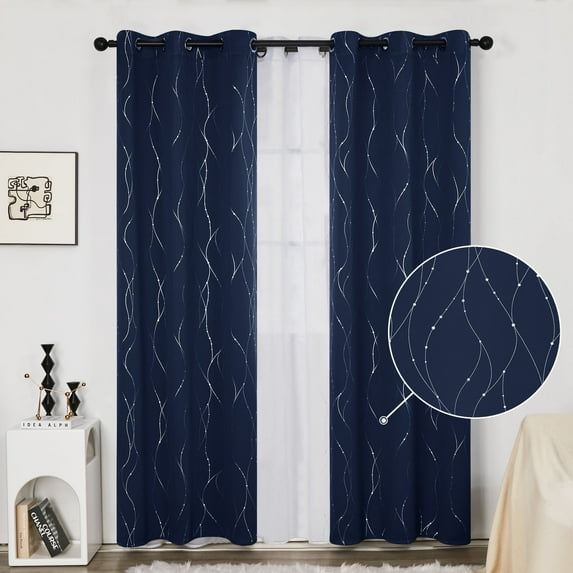 Deconovo Silver Printed Blackout Curtains - 2 Panels, Wave Dots Pattern, Grommet Top, 42"x84", Thermal Insulated Drapes for Bedroom & Living Room, Navy Blue