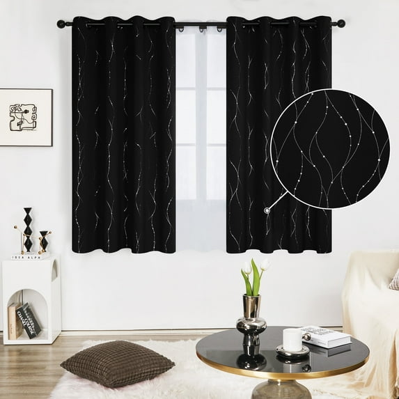 Deconovo Silver Printed Blackout Curtains - 2 Panels, Wave Dots Pattern, Grommet Top, 52"x45", Thermal Insulated Drapes for Bedroom & Living Room, Black