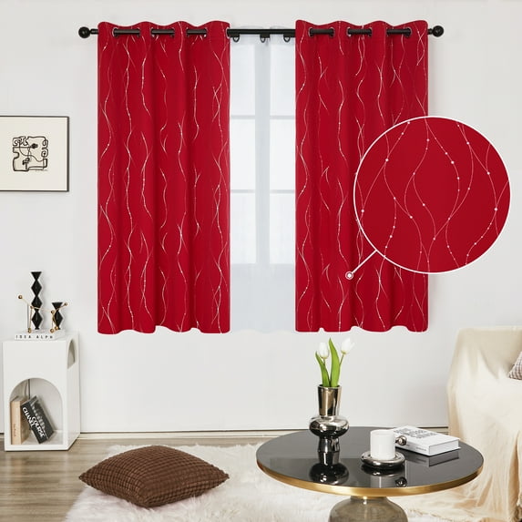 Deconovo Silver Printed Blackout Curtains - 2 Panels, Wave Dots Pattern, Grommet Top, 52"x54", Thermal Insulated Drapes for Bedroom & Living Room, Red