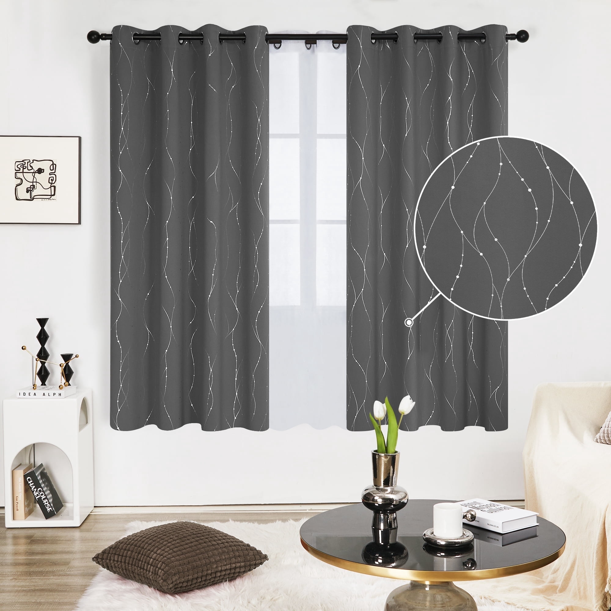 Deconovo Silver Printed Blackout Curtains - 2 Panels, Wave Dots Pattern, Grommet Top, 52"x63", Thermal Insulated Drapes for Bedroom & Living Room, Gray