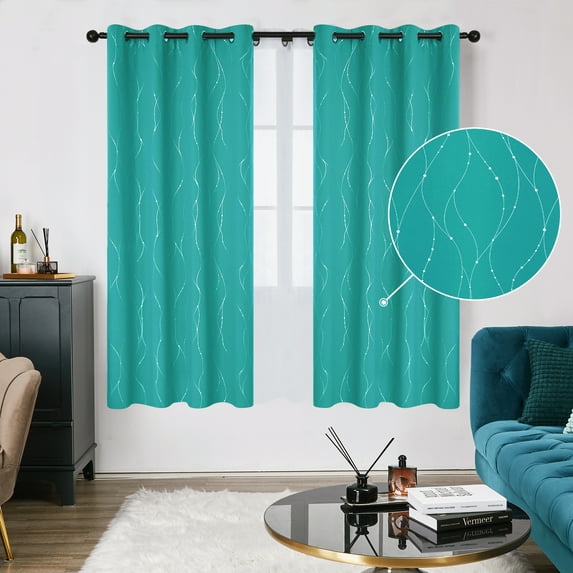 Deconovo Silver Printed Blackout Curtains - 2 Panels, Wave Dots Pattern, Grommet Top, 52"x63", Thermal Insulated Drapes for Bedroom & Living Room, Turquoise
