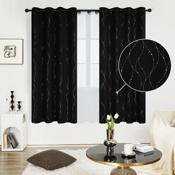 Deconovo Silver Printed Blackout Curtains - 2 Panels, Wave Dots Pattern, Grommet Top, 52"x72", Thermal Insulated Drapes for Bedroom & Living Room, Black