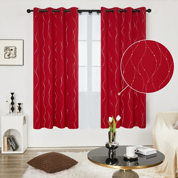 Deconovo Silver Printed Blackout Curtains - 2 Panels, Wave Dots Pattern, Grommet Top, 52"x72", Thermal Insulated Drapes for Bedroom & Living Room, Red