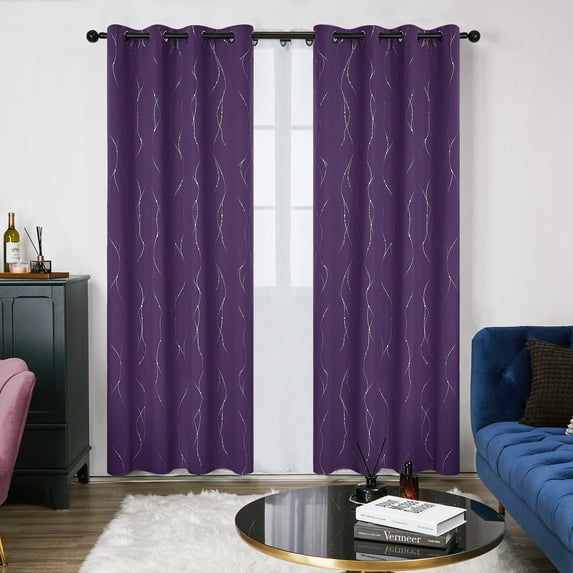 Deconovo Silver Printed Blackout Curtains - 2 Panels, Wave Dots Pattern, Grommet Top, 52"x95", Thermal Insulated Drapes for Bedroom & Living Room, Purple Grape