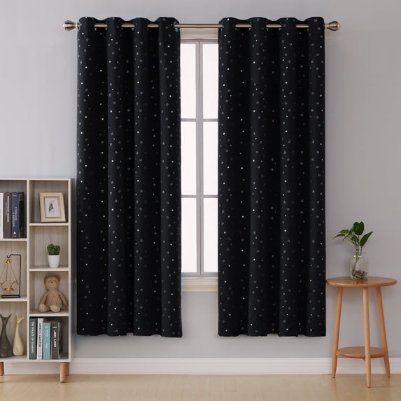 Deconovo Silver Shiny Star Print Blackout Curtains for Bedroom 52W x 72L inch 2 Panels Black