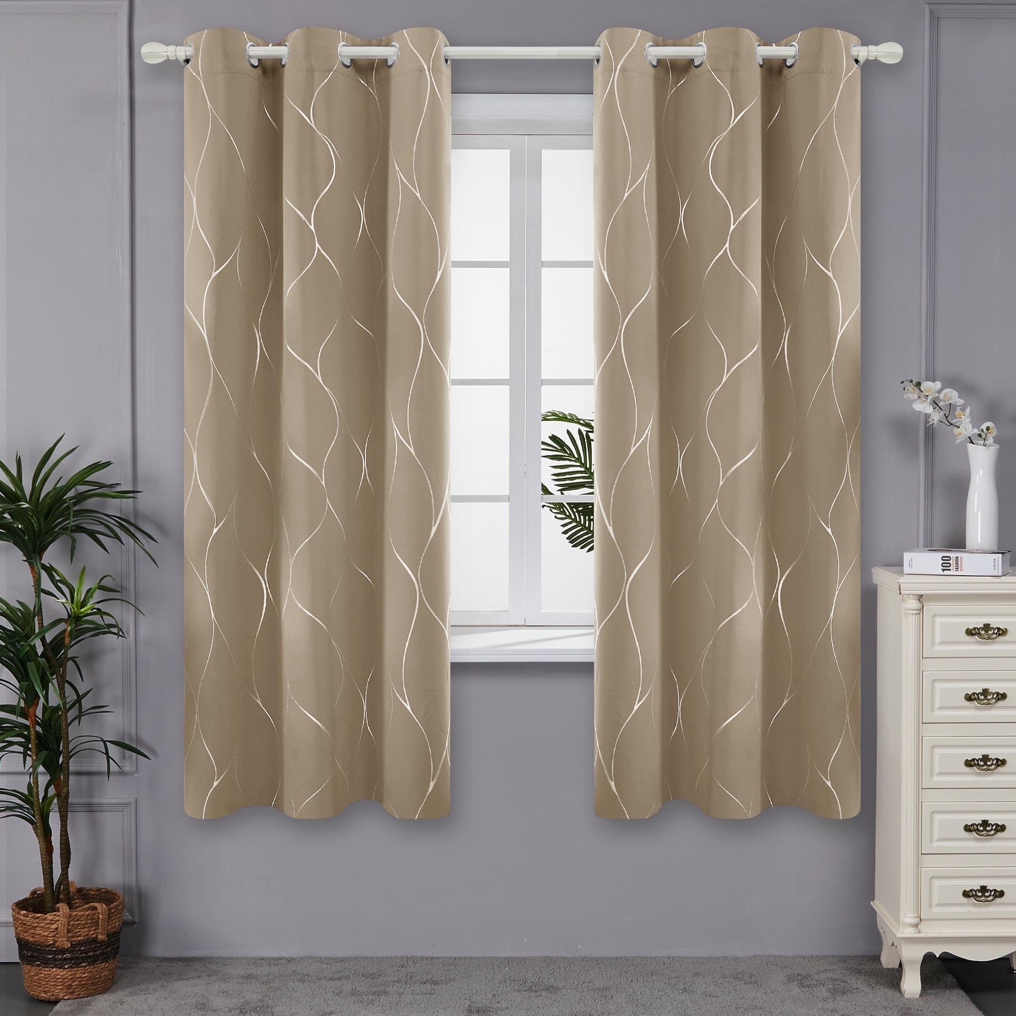 Deconovo Silver Wave Foil Print Blackout Curtain for Living Room, 42W x 72L inch, 2 Panels, Khaki