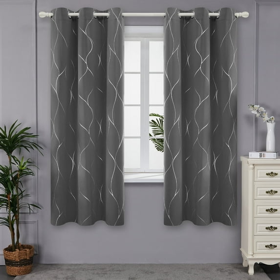 Deconovo Silver Wave Foil Print Blackout Curtain for Living Room, 42W x 72L inch, 2 Panels, Light Grey