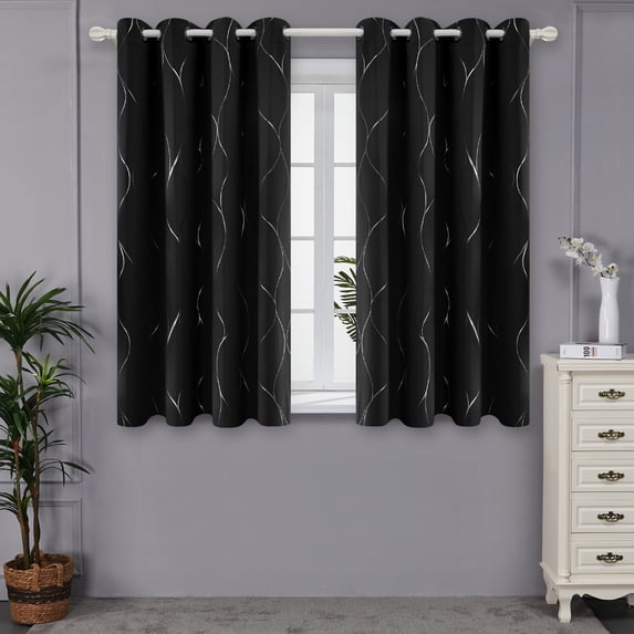 Deconovo Silver Wave Foil Print Blackout Curtain for Living Room, 52W x 54L inch, 2 Panels, Black