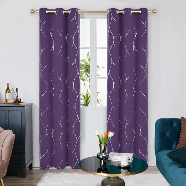 Deconovo Silver Wave Foil Printed Blackout Curtains Room Darkening Grommet Curtain Thermal Insulated WindoWDrapes 42Wx 72L inch Set of 2 Panels Purple Grape