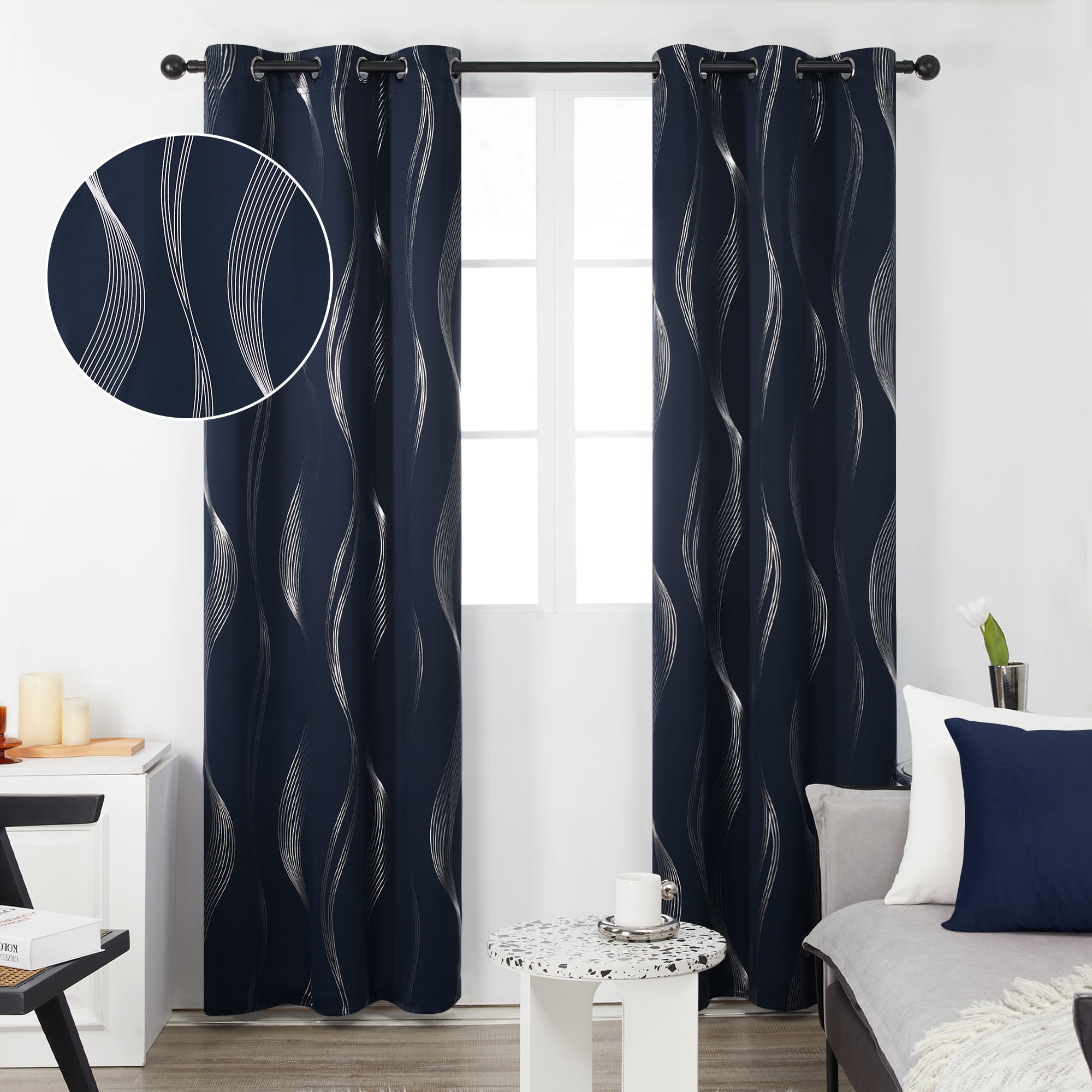 Deconovo Silver Wave Foil Printed Blackout Curtains, Thermal Insulated Grommet Top Drapes (42 x 72 inch, Navy Blue, 2 Panels)