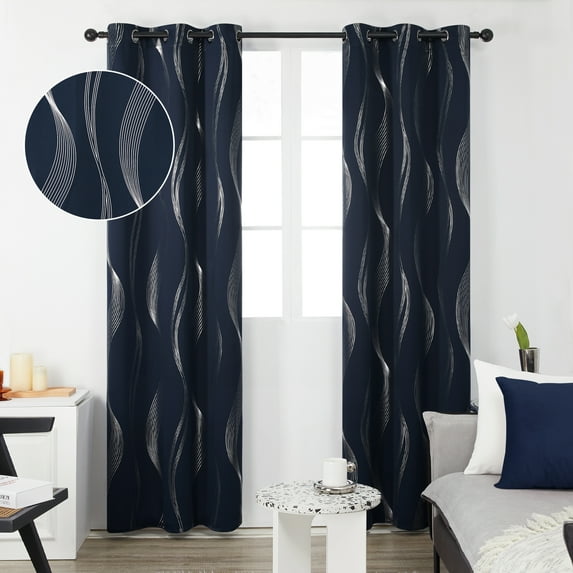 Deconovo Silver Wave Foil Printed Blackout Curtains, Thermal Insulated Grommet Top Drapes (42 x 72 inch, Navy Blue, 2 Panels)