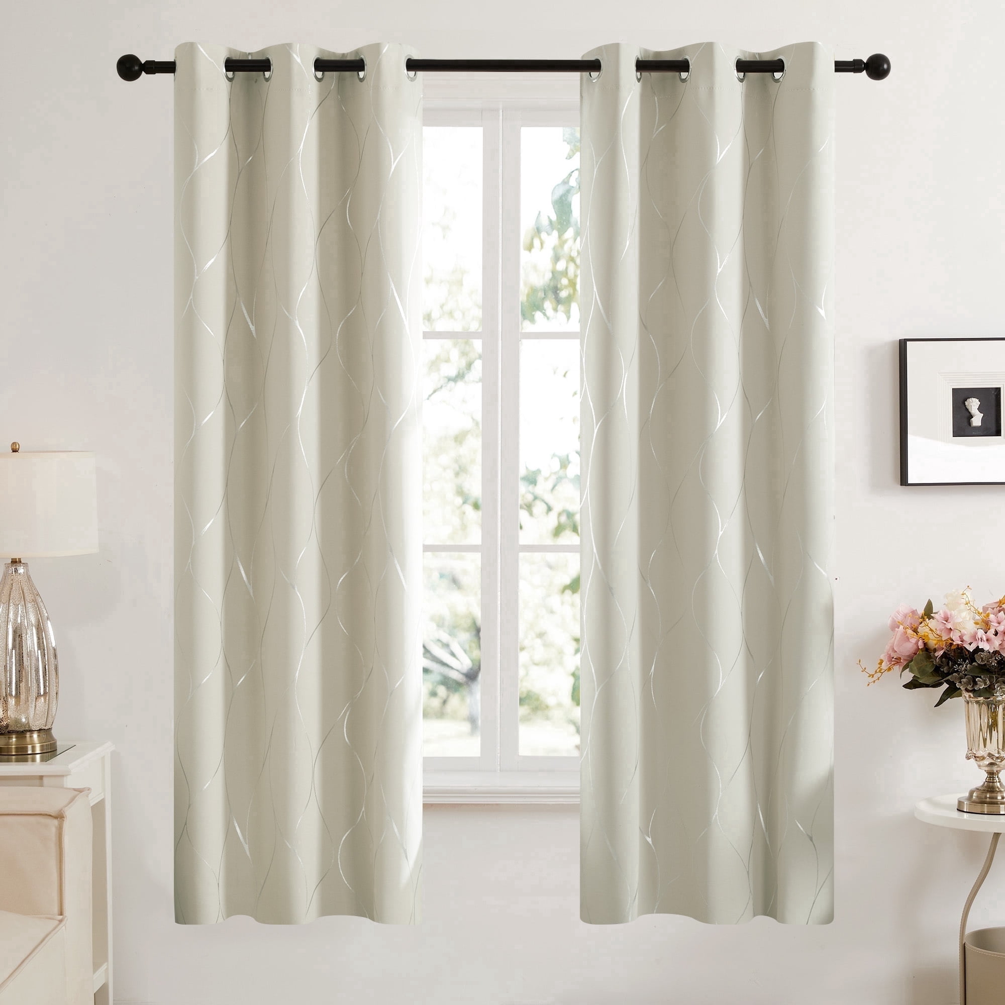 Deconovo Silver Wave Foil Printed Blackout Curtains for Bderoom, Light Beige, 42x72 inch, Set of 2