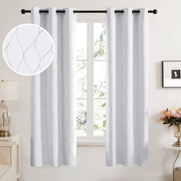 Deconovo Silver Wave Foil Printed Blackout Curtains for Bderoom, Set of 2, Grayish White, 42x72 inch