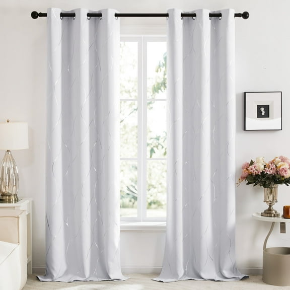 Deconovo Silver Wave Foil Printed Blackout Curtains for Bedroom, 42x84 inch, 2 Panels, Grayish White