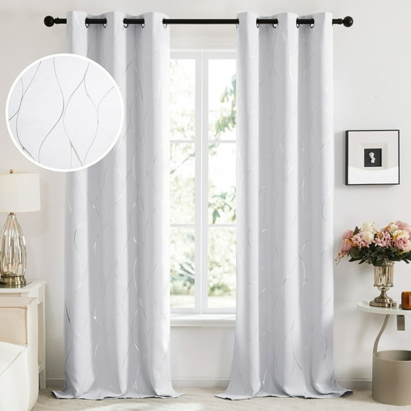 Deconovo Silver Wave Foil Printed Blackout Curtains for Bedroom, 42x84 inch, 2 Panels, Grayish White