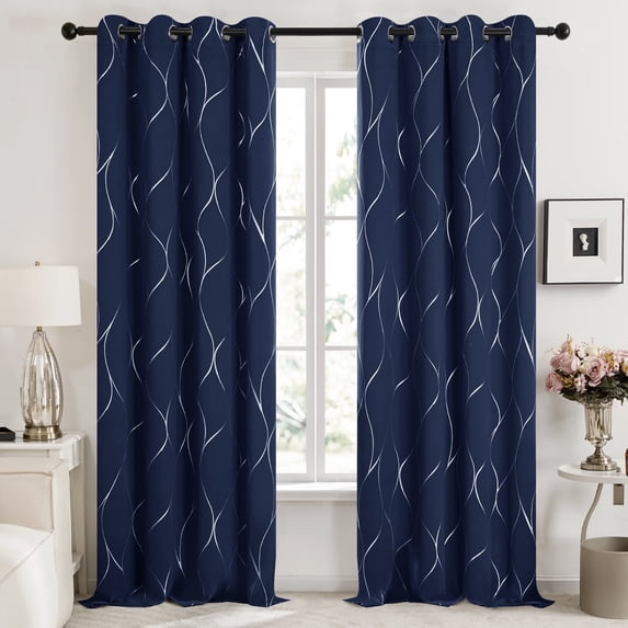 Deconovo Silver Wave Foil Printed Blackout Curtains for Bedroom, Set of 2, 52x84 inch, Navy Blue