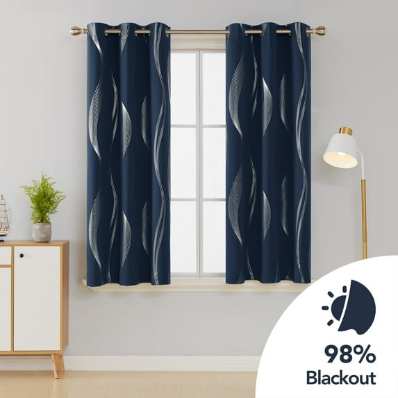 Deconovo Silver Wave Line Foil Printed Blackout Curtains Grommet Panels with 42x54 inch 1 Pair Navy Blue