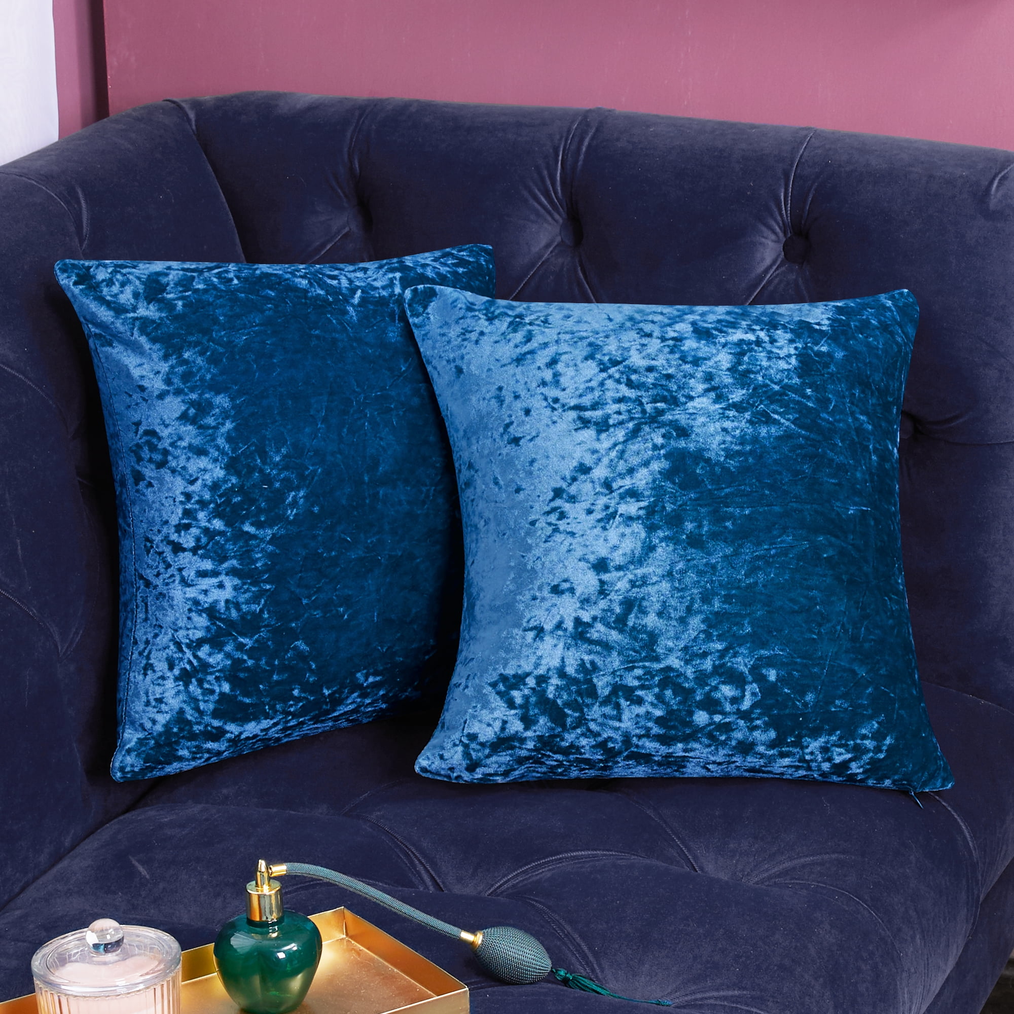 Tiwari Home 20 Blue Crushed Velvet Square Throw Pillow