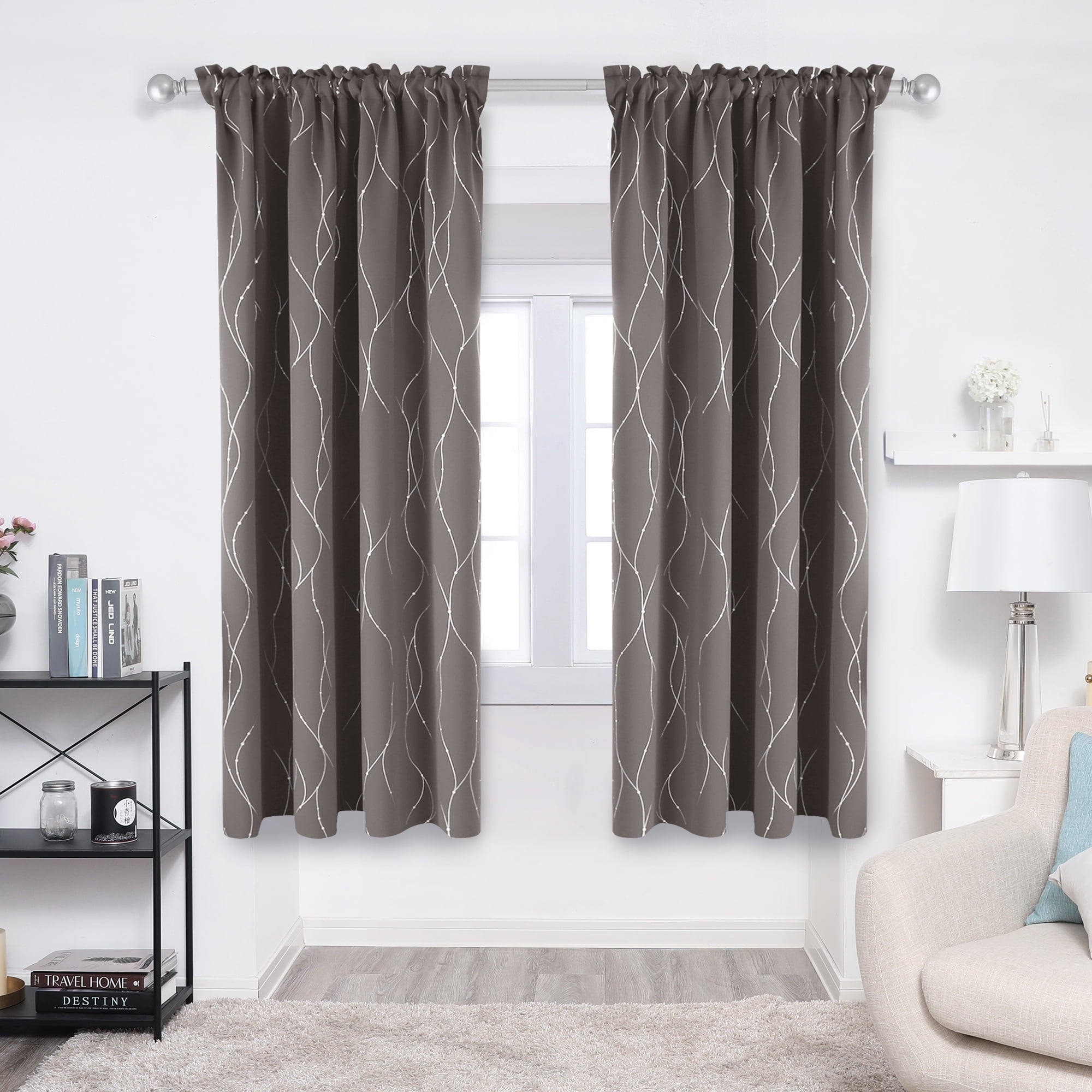 Deconovo Taupe Blackout Curtains Wave Line Foil Printed Window Drapes