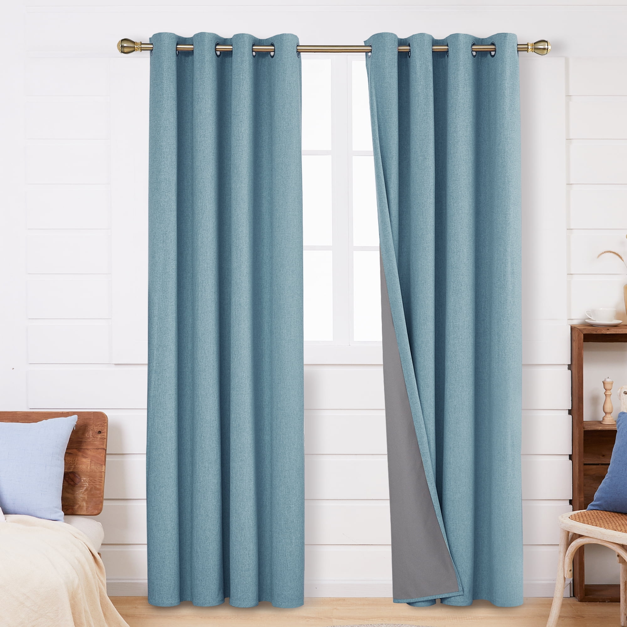 Deconovo Teal Curtains 100% Total Blackout Curtain, 2 Panels, Linen ...