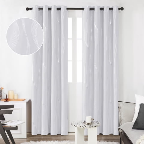 Deconovo Thermal Insulated Blackout Curtains, Silver Wave Stripe Foil Printed, Light Blocking Grommet Curtain for Kids' Room (52 x 63 inch, White, 2 Panels)