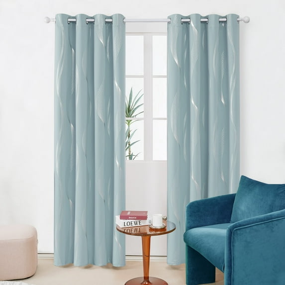 Deconovo Thermal Insulated Blackout Curtains for Kids' Room, Wave Stripe Foil Printed, Grommet Window Drapes (52 x 45 inch, Sky Blue, 2 Panels)