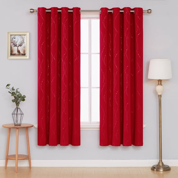 Deconovo Thermal Insulated Blackout Curtains for Nursery Solid Grommet Noise Reducing Curtains, Wave Line and Dots Design (Set of 2, 52" x 63", Red)