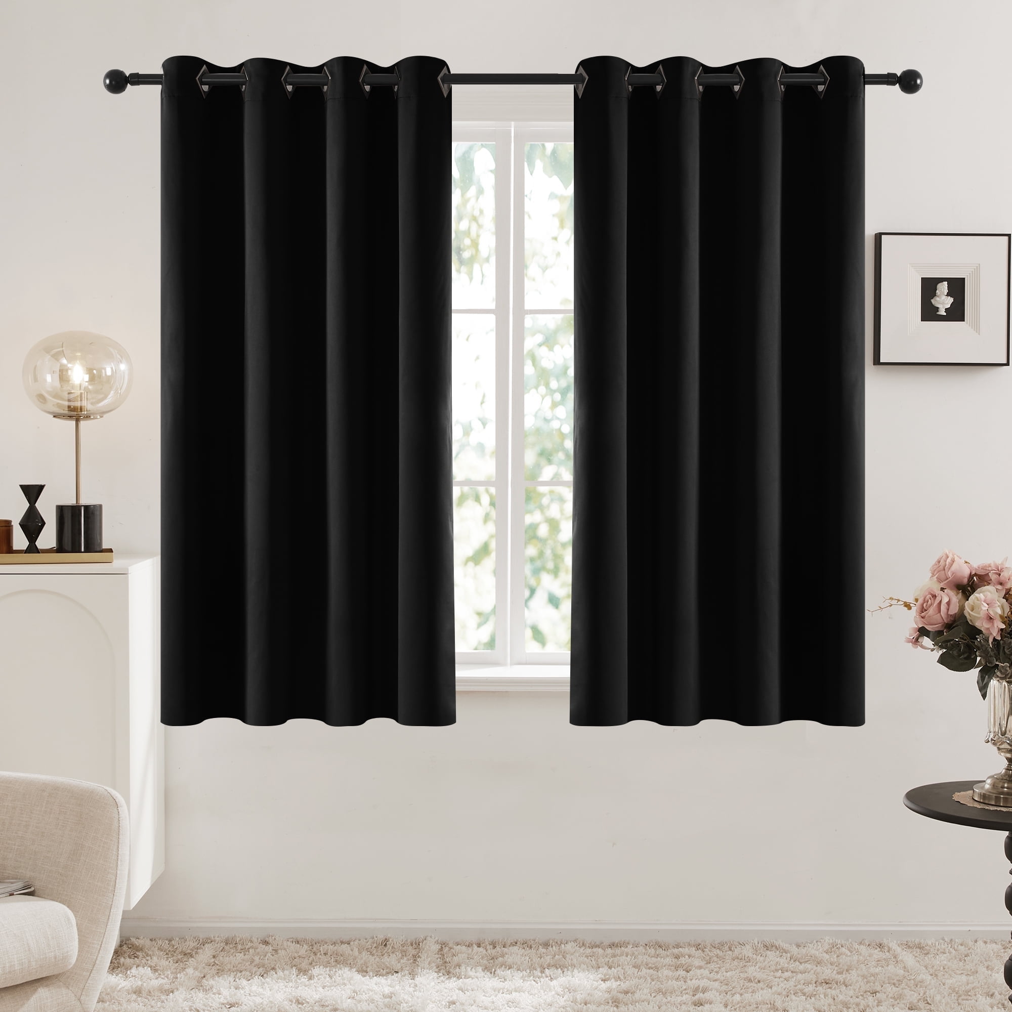 Deconovo Thermal Insulated Grommet Room Darkening Blackout Curtains, 2 Solid Curtain Panels for Bedroom, 52"x54", Black