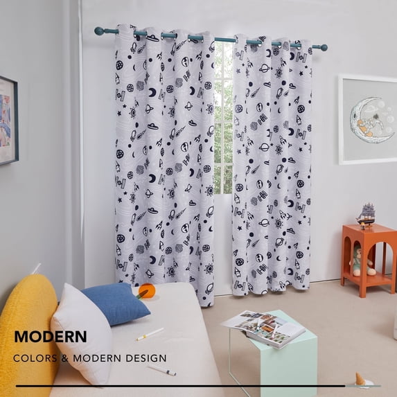 Deconovo Room Darkening Curtains for Kids Bedroom, Extra Wide Window Coverage, Space Adventure Pattern, Rod Pocket Panels, 2 Panels, 52 x 84 Inch, Gray