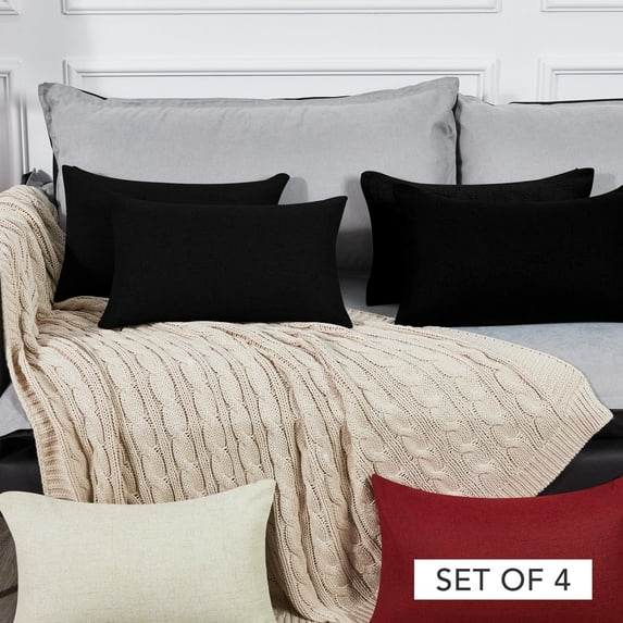 Deconovo Throw Pillow Covers Black Cushion Covers Bualap Faux Linen Pillow Cases for Bedroom 12 x 20 inch Black Set of 4