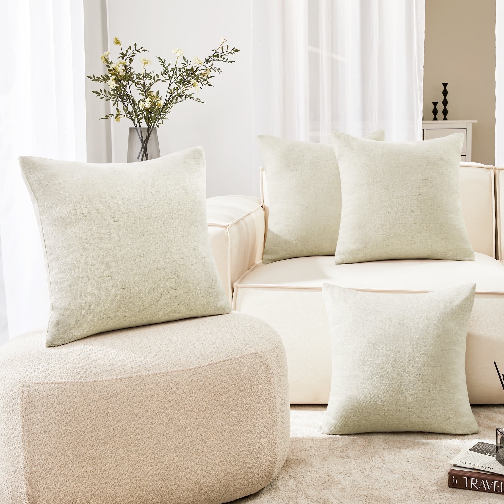 Natural White Polyester Euro Faux Linen Pillow Covers Set