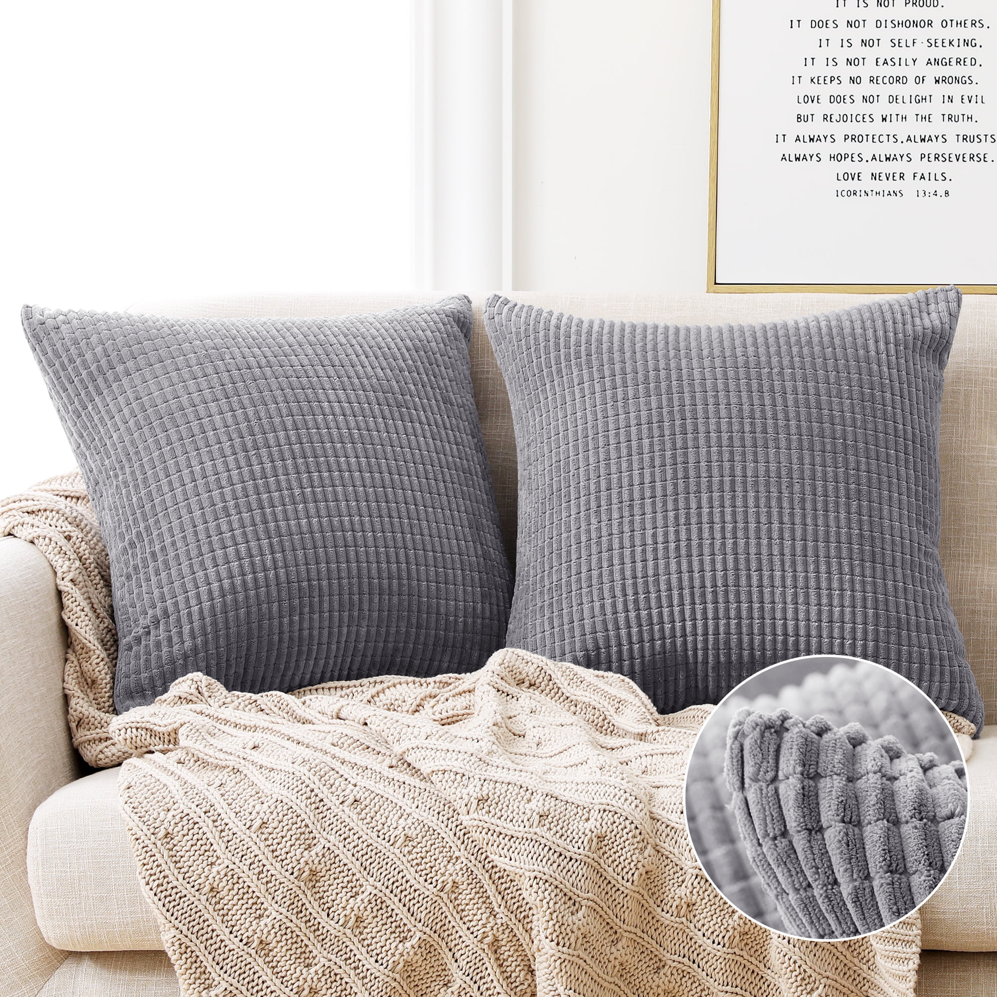 NAVIBULE Corduroy Throw Pillow Covers 18x18 Soft Decorative Pillow Covers  Plain Light Gray Throw Pillows for Couch Bed Sofa Pack of 2(18 x 18IN,  Light