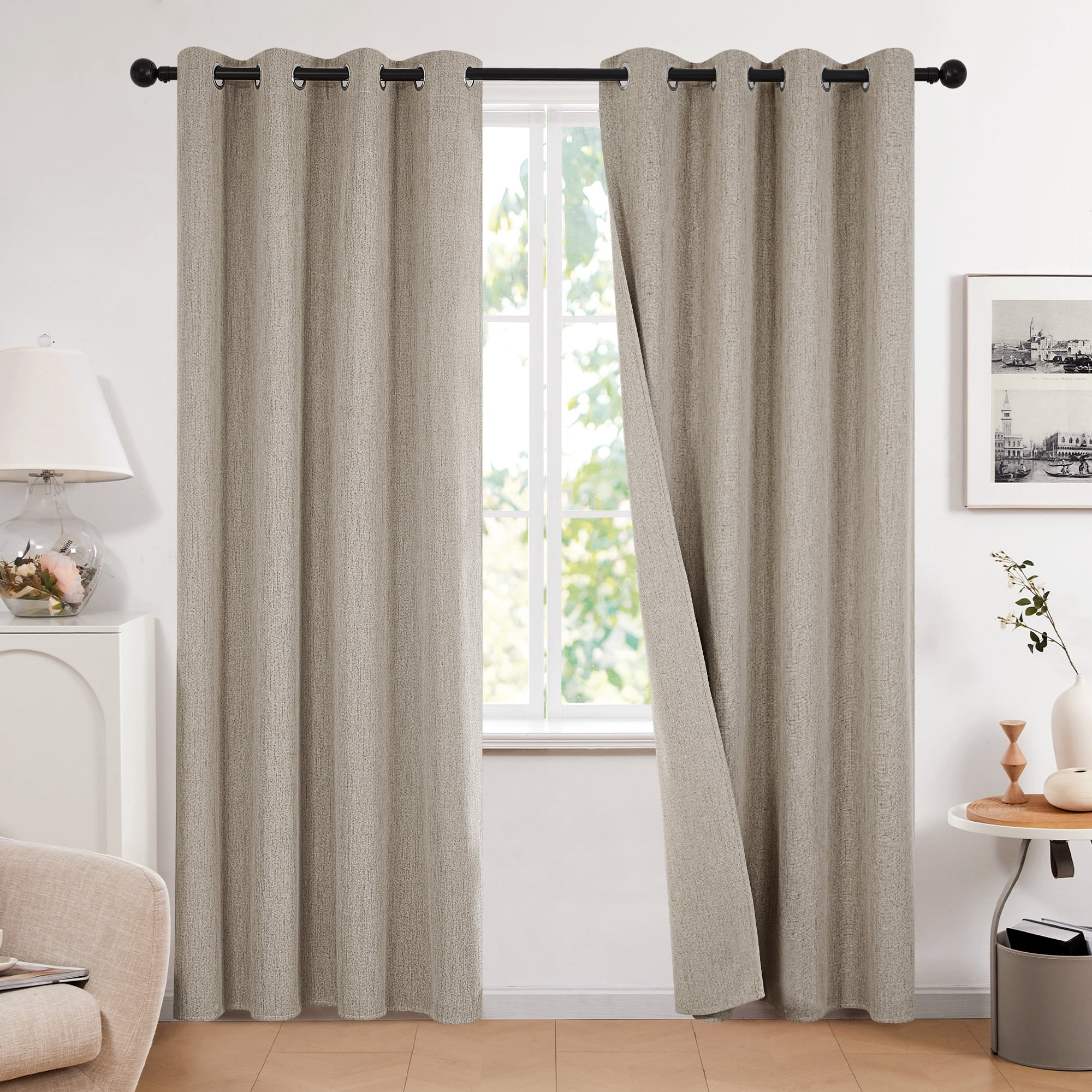 Deconovo Total Blackout Curtains 52" x 84" inch 2 Panels Grommet Linen Curtains for Bedroom, Flaxen
