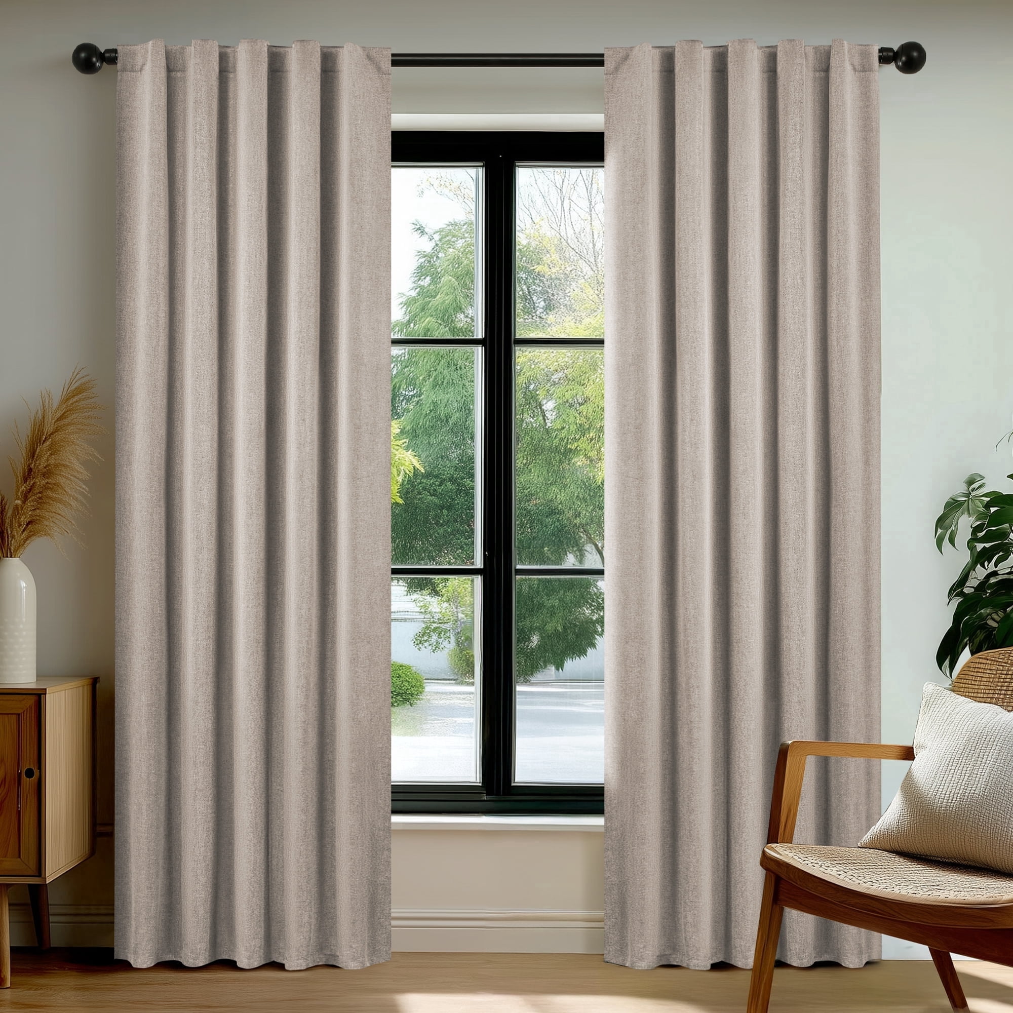 Deconovo Total Blackout Curtains for Bedroom Living Room, Linen Look Thermal Insulated Panels with Back Tab and Rod Pocket, Khaki, 38 x 84 Inch, 2 Panels