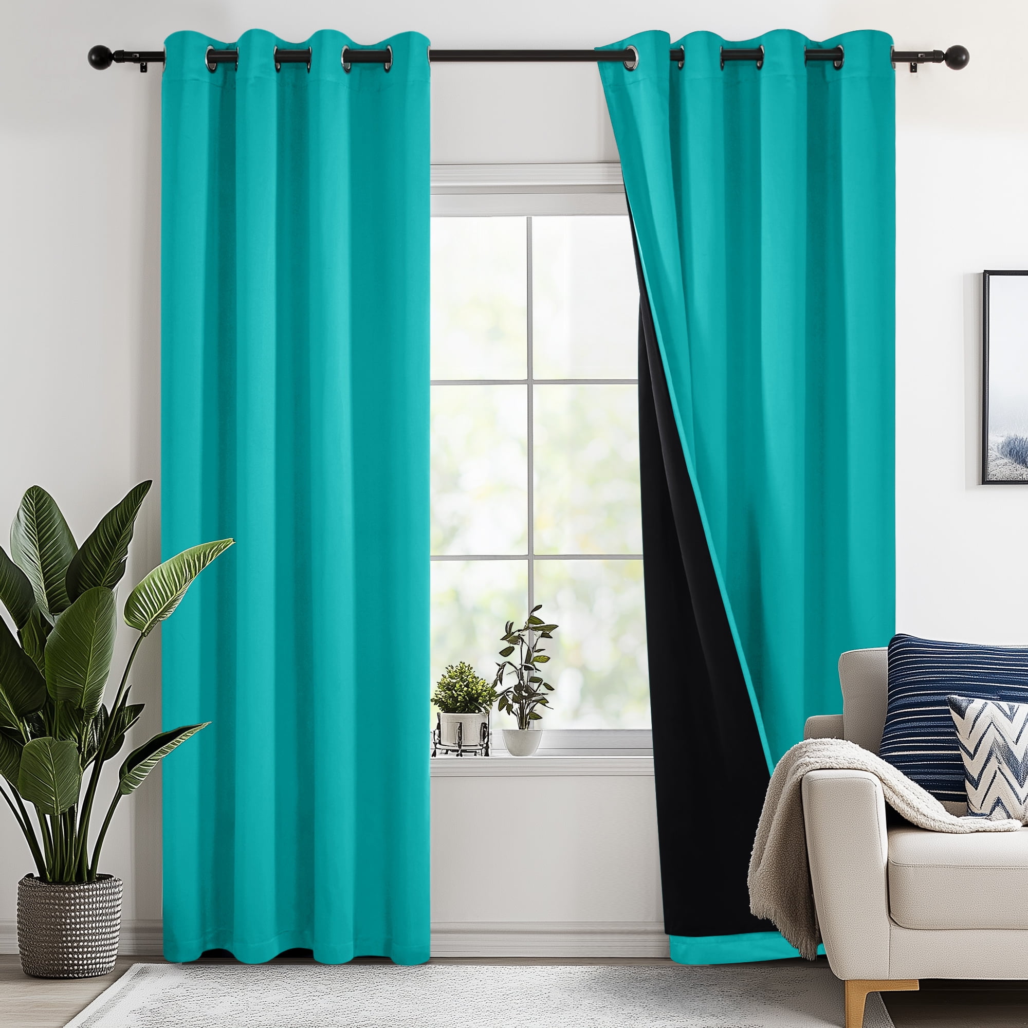 Teal Faux Silk Blackout Grommet Curtain Panel Pair