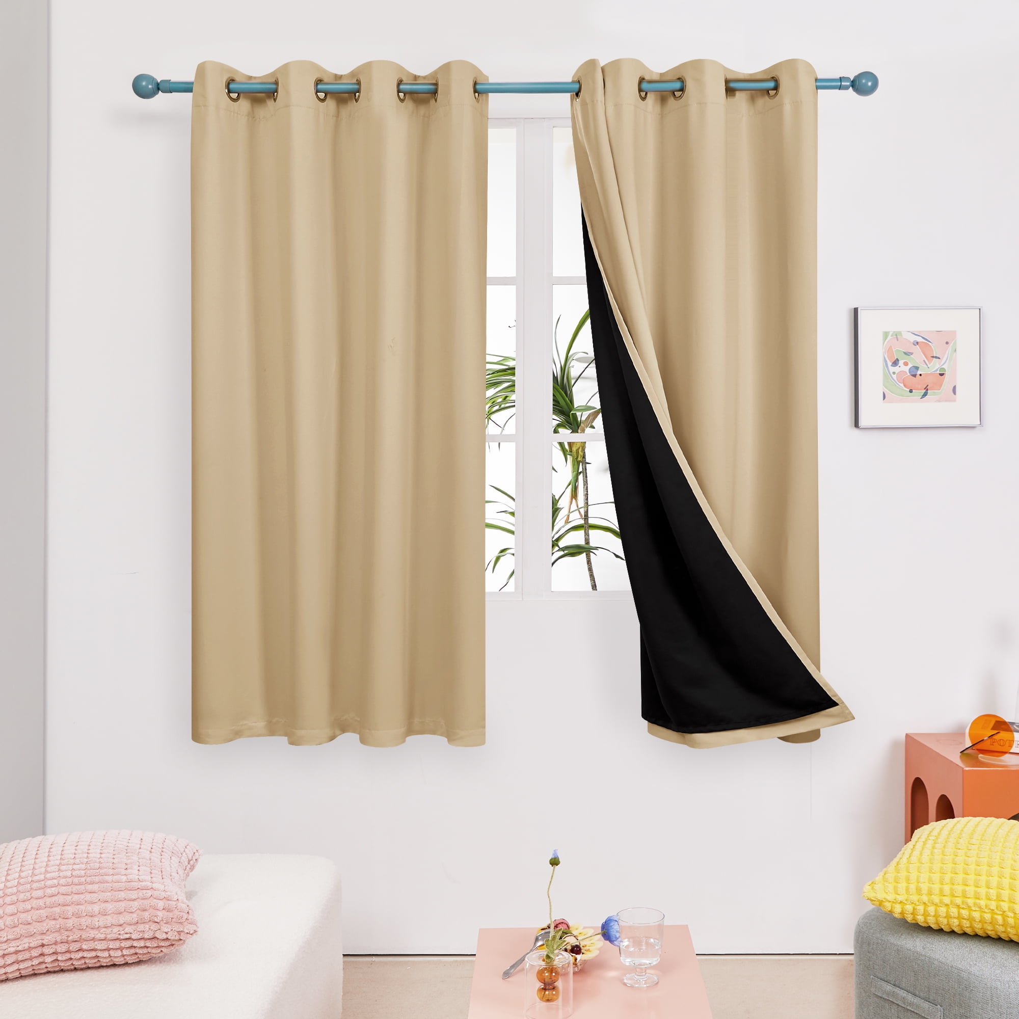 Deconovo Total Thermal Blackout Curtains 100% Blackout Short Window Grommet  Kitchen Drapes Heat Insulated Soundproof Curtain Panels for Bedroom, 52x45  in, Burlywood, 2 Panels